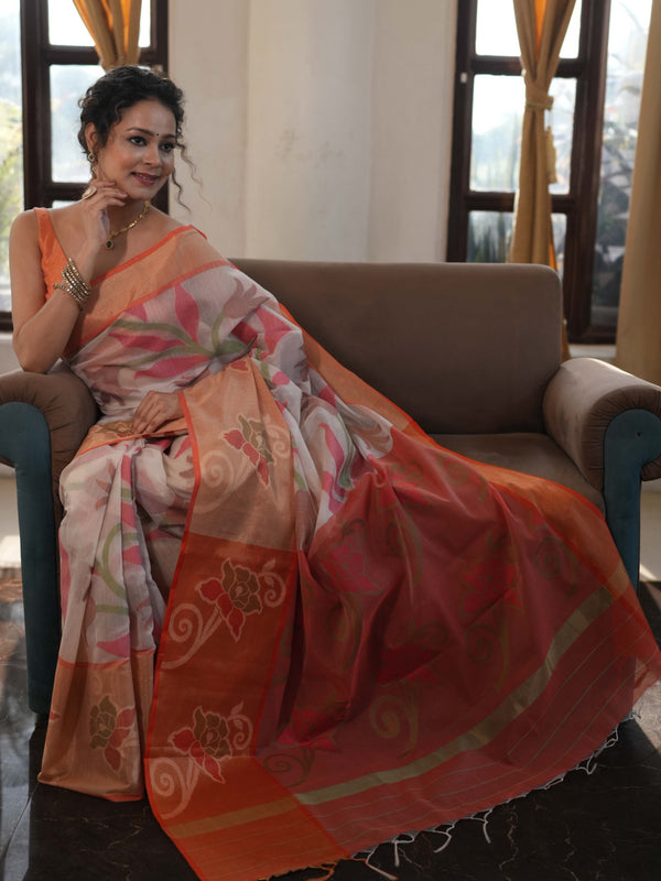 Banarasee Cotton Silk Saree With Resham Work & Pallu-Cream & Peach