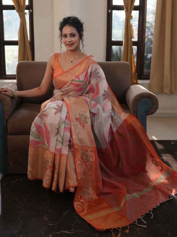 Banarasee Cotton Silk Saree With Resham Work & Pallu-Cream & Peach