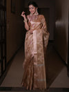 Banarasee Handwoven Tissue Saree With Embroidered Design & Zari Border-Rose Gold