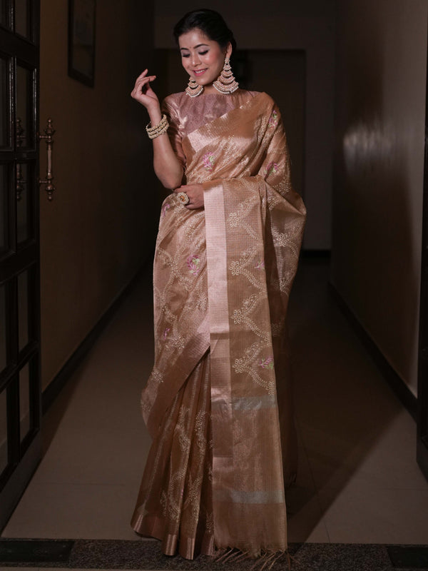 Banarasee Handwoven Tissue Saree With Embroidered Design & Zari Border-Rose Gold