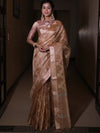 Banarasee Handwoven Tissue Saree With Embroidered Design & Zari Border-Rose Gold