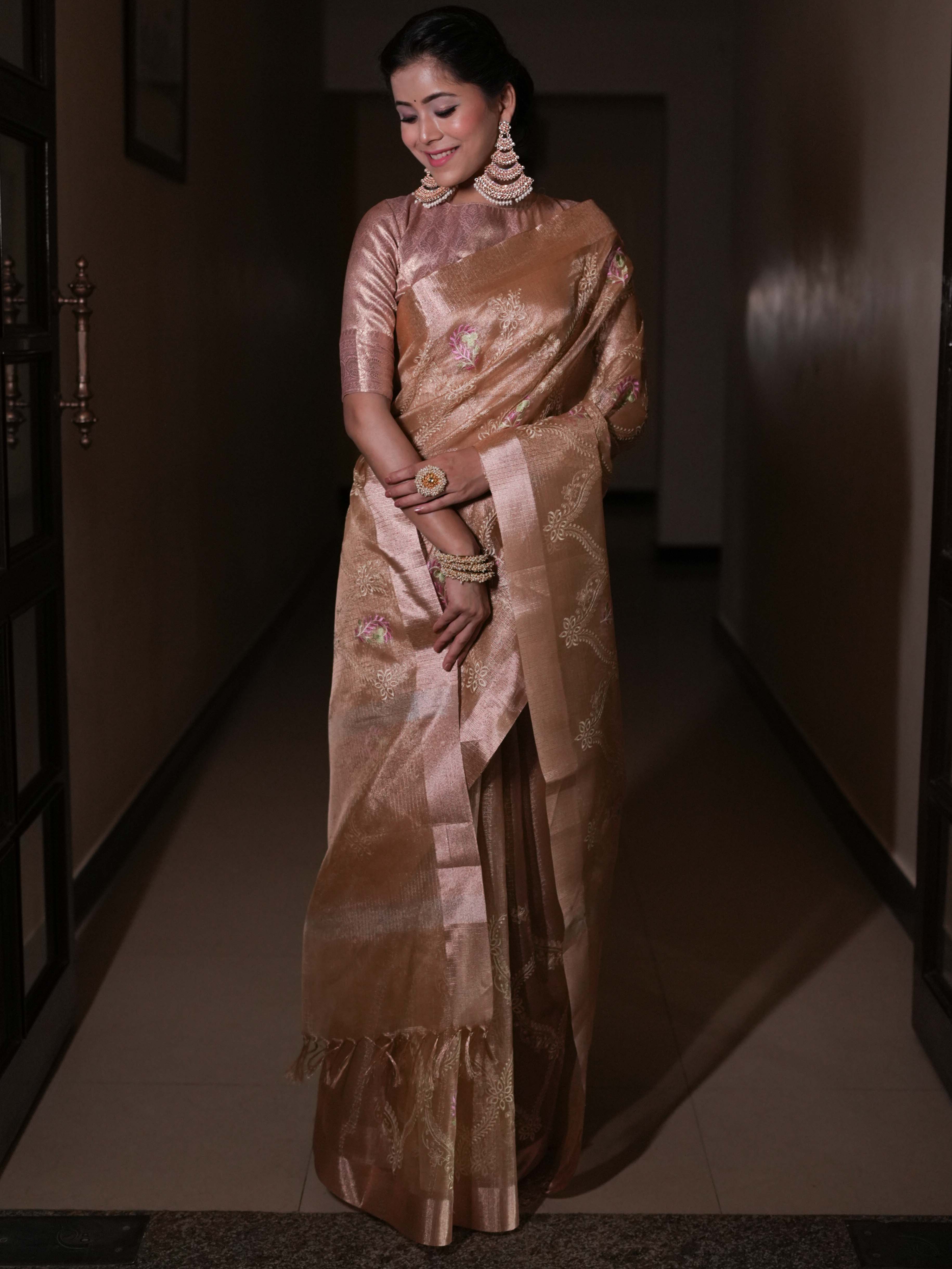 Banarasee Handwoven Tissue Saree With Embroidered Design & Zari Border-Rose Gold