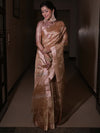 Banarasee Handwoven Tissue Saree With Embroidered Design & Zari Border-Rose Gold