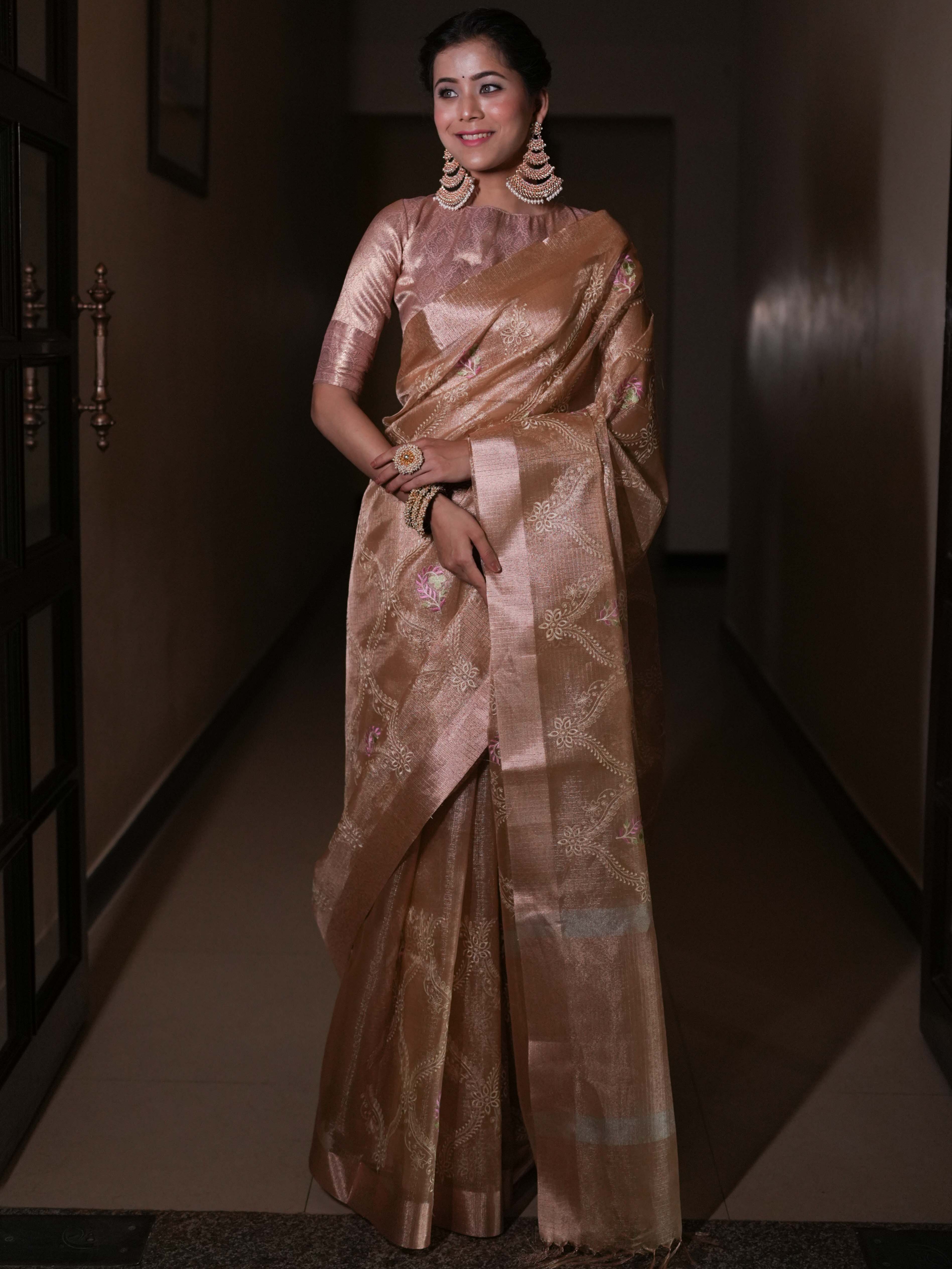 Banarasee Handwoven Tissue Saree With Embroidered Design & Zari Border-Rose Gold