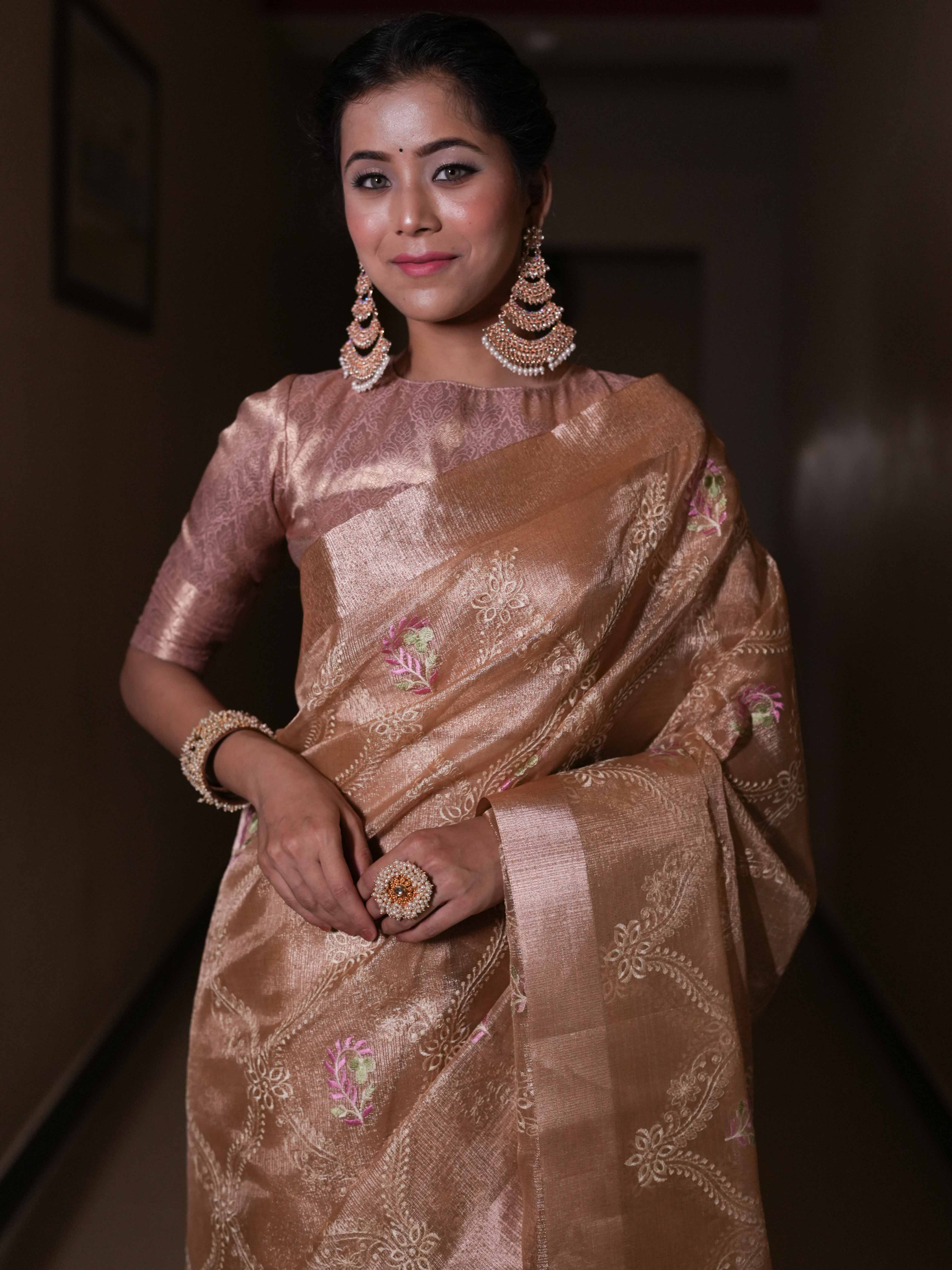 Banarasee Handwoven Tissue Saree With Embroidered Design & Zari Border-Rose Gold