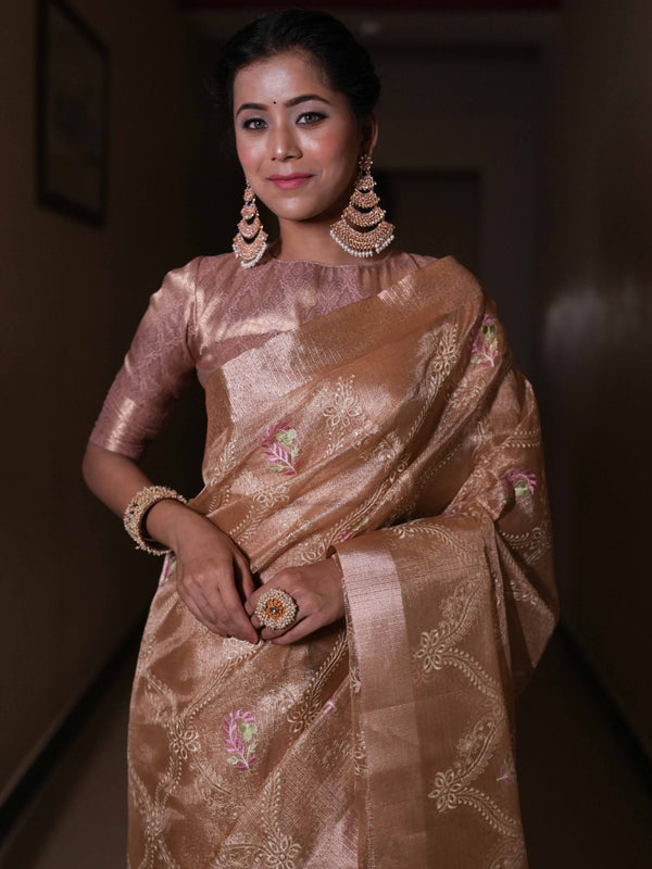 Banarasee Handwoven Tissue Saree With Embroidered Design & Zari Border-Rose Gold
