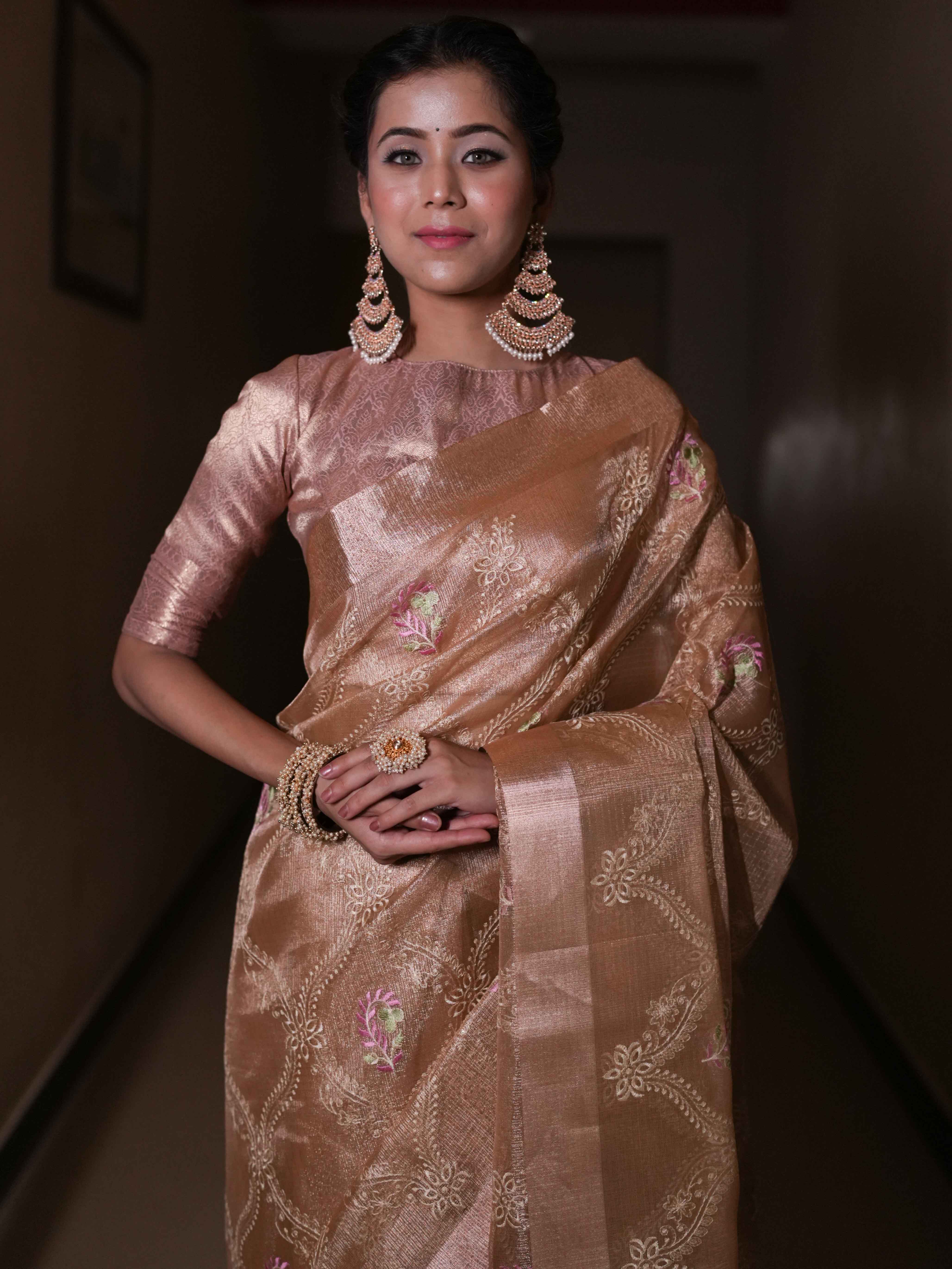 Banarasee Handwoven Tissue Saree With Embroidered Design & Zari Border-Rose Gold
