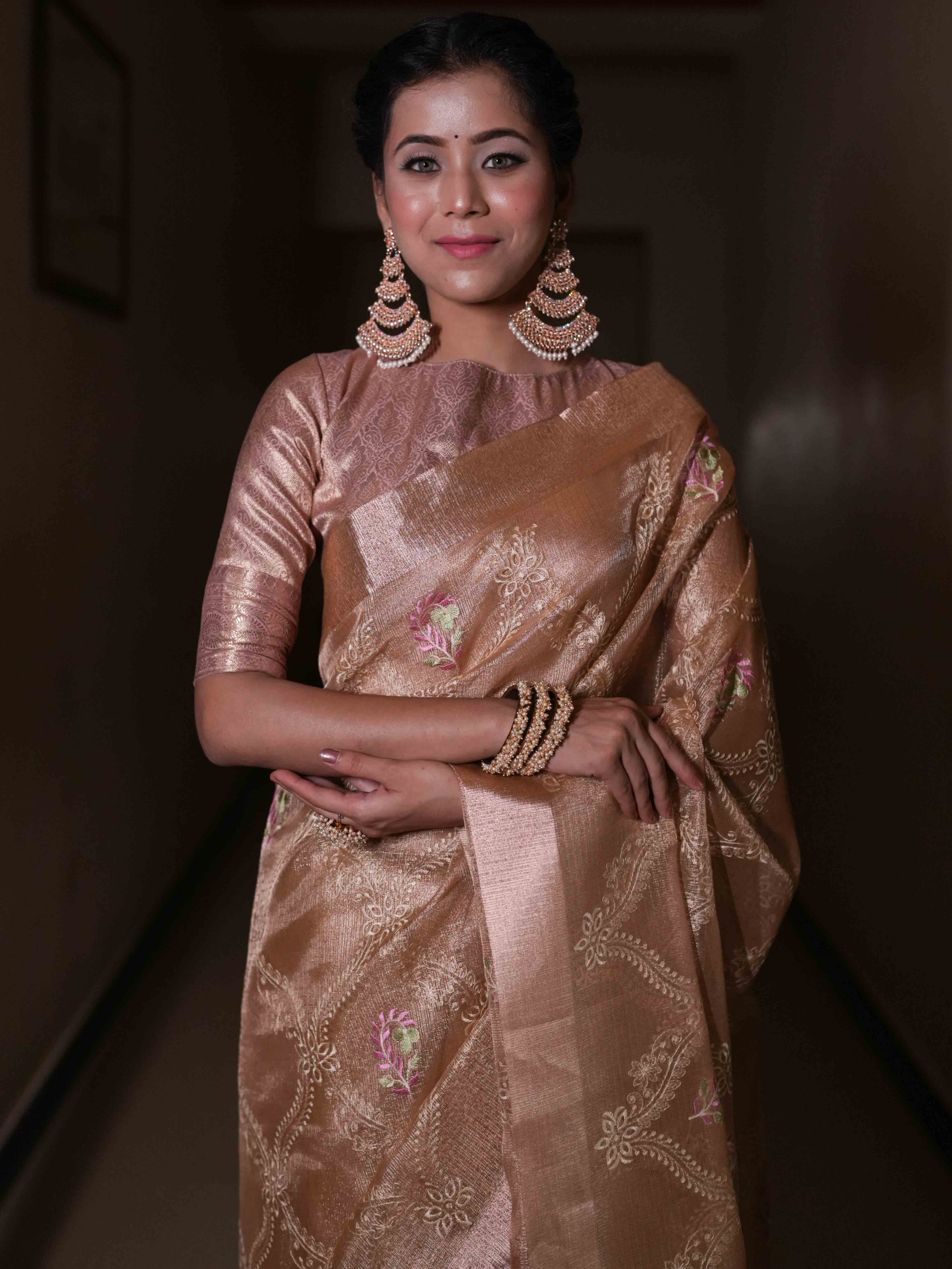 Banarasee Handwoven Tissue Saree With Embroidered Design & Zari Border-Rose Gold