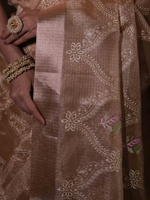 Banarasee Handwoven Tissue Saree With Embroidered Design & Zari Border-Rose Gold