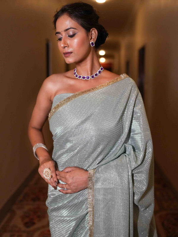 Banarasee Handwoven Tissue Saree With Lace Border-Light Blue