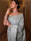 Banarasee Handwoven Tissue Saree With Lace Border-Light Blue