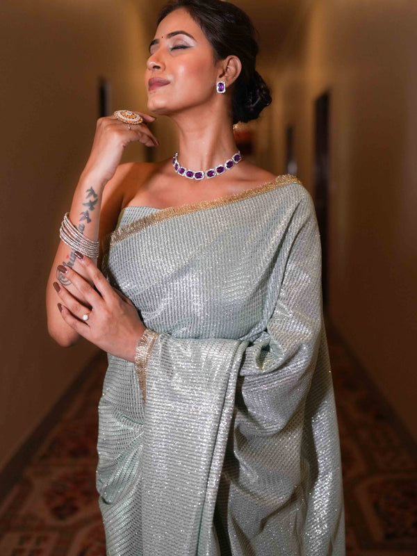 Banarasee Handwoven Tissue Saree With Lace Border-Light Blue