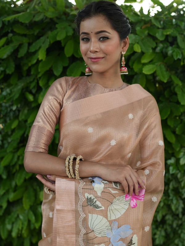 Banarasee Handwoven Tissue Saree With Embroidered Design & Zari Border-Rose Gold