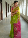 Banarasee Organza Saree With Gold Zari Jaal Design & Dual Color-Green & Pink