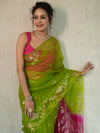 Banarasee Organza Saree With Gold Zari Jaal Design & Dual Color-Green & Pink