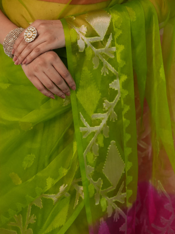 Banarasee Organza Saree With Gold Zari Jaal Design & Dual Color-Green & Pink