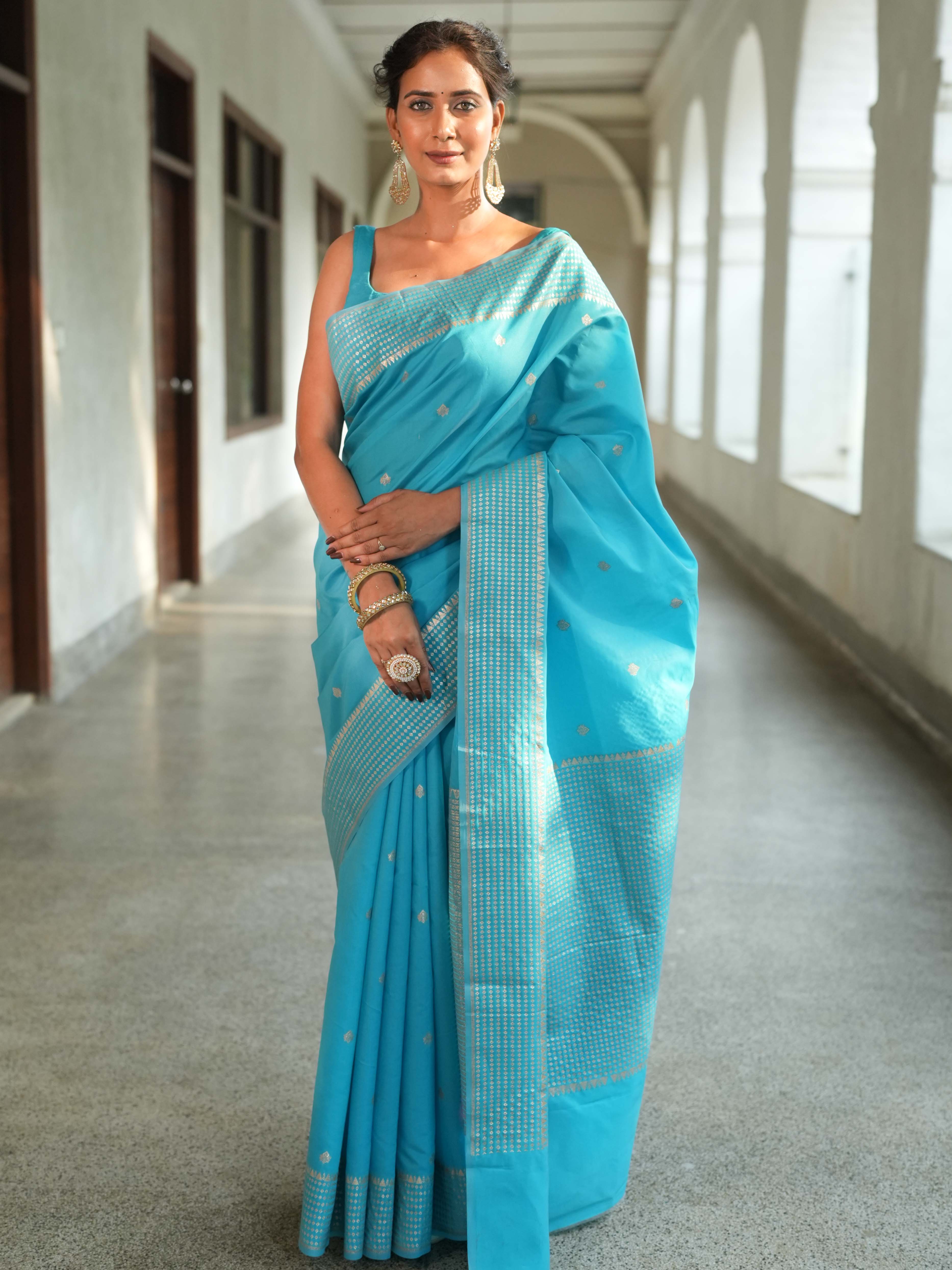 Banarasee Handwoven Cotton Silk Saree Zari Buti & Border-Light Blue