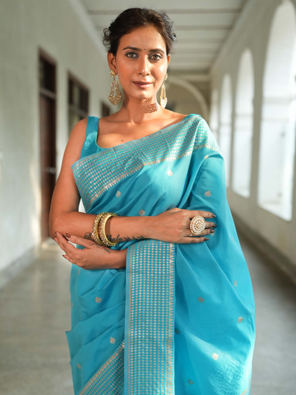 Banarasee Handwoven Cotton Silk Saree Zari Buti & Border-Light Blue