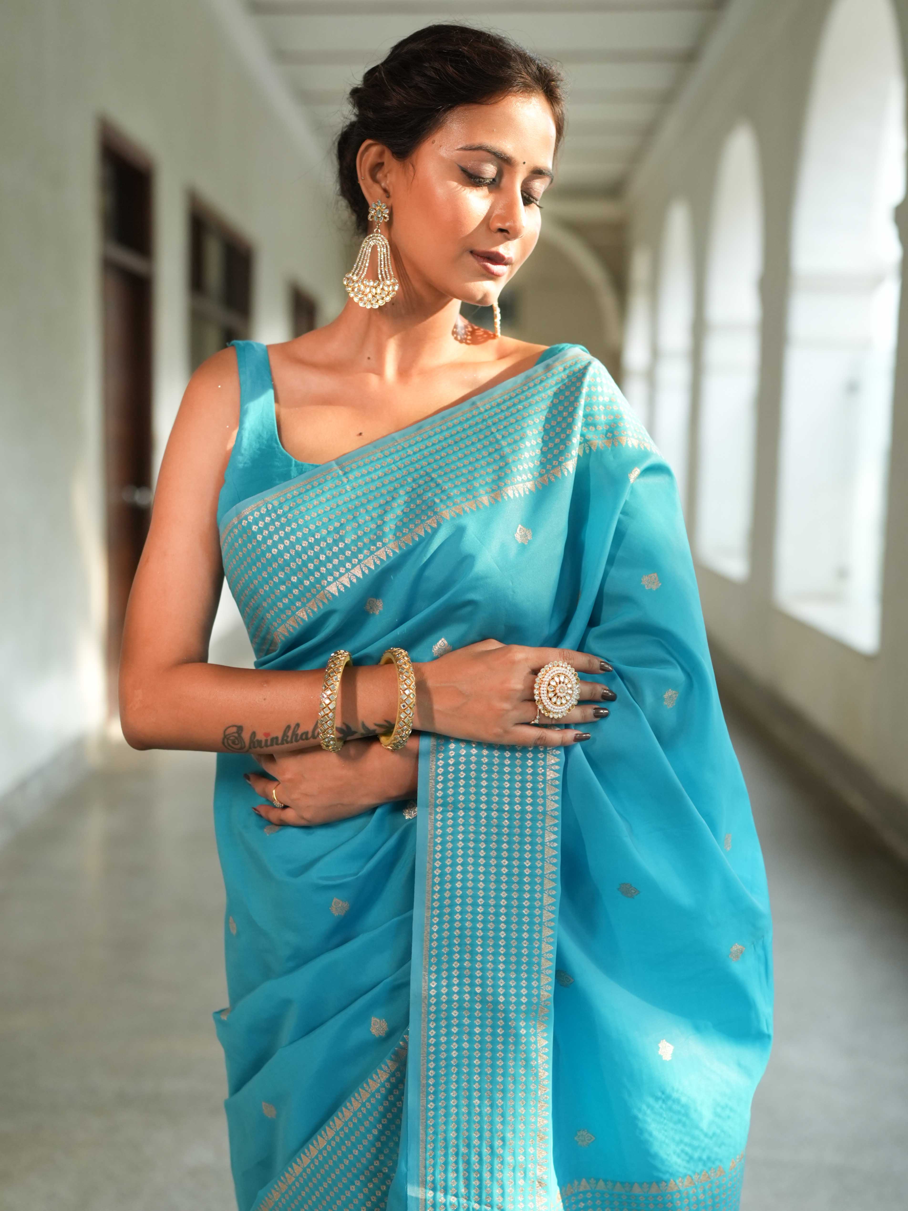 Banarasee Handwoven Cotton Silk Saree Zari Buti & Border-Light Blue
