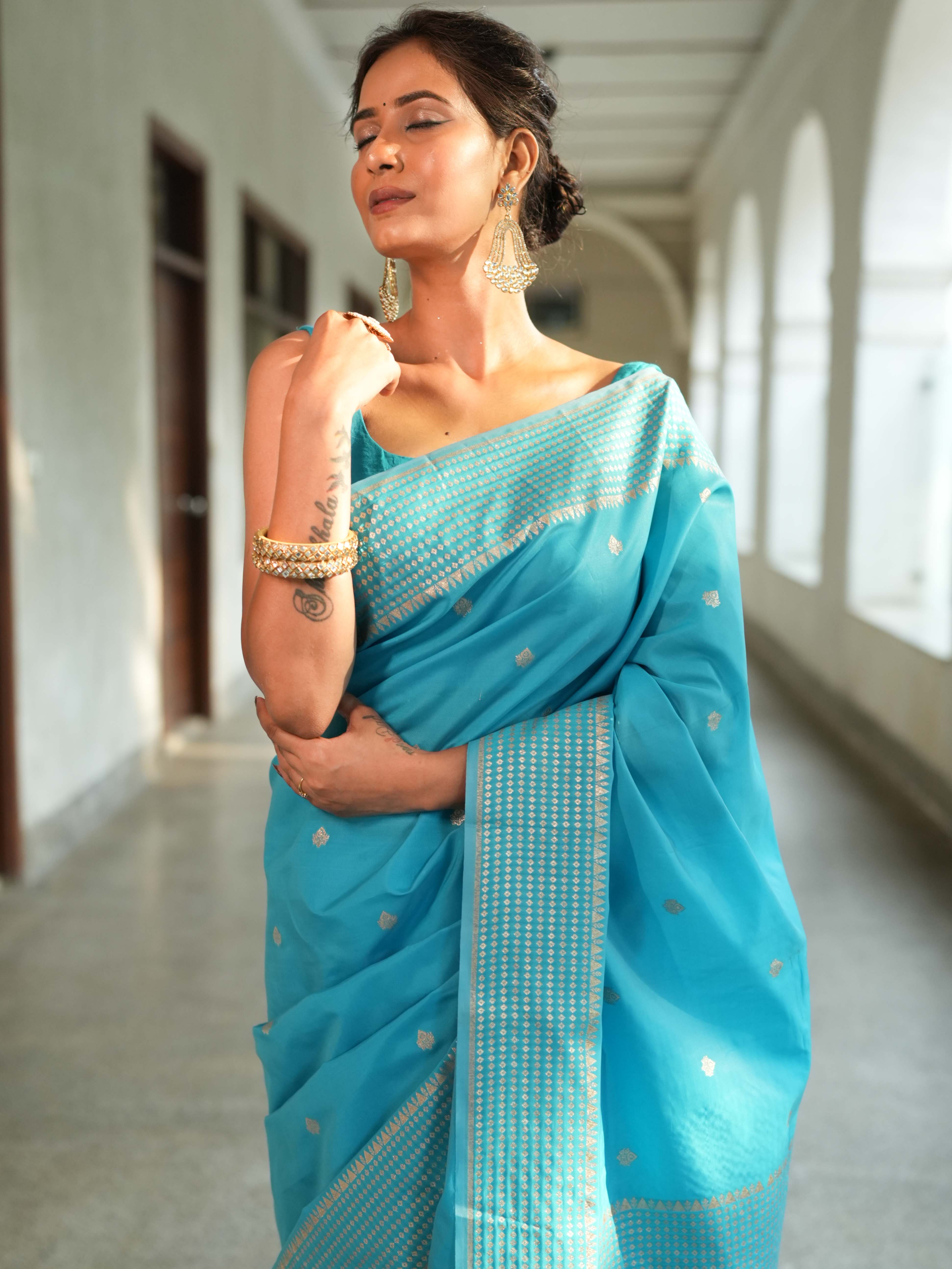 Banarasee Handwoven Cotton Silk Saree Zari Buti & Border-Light Blue