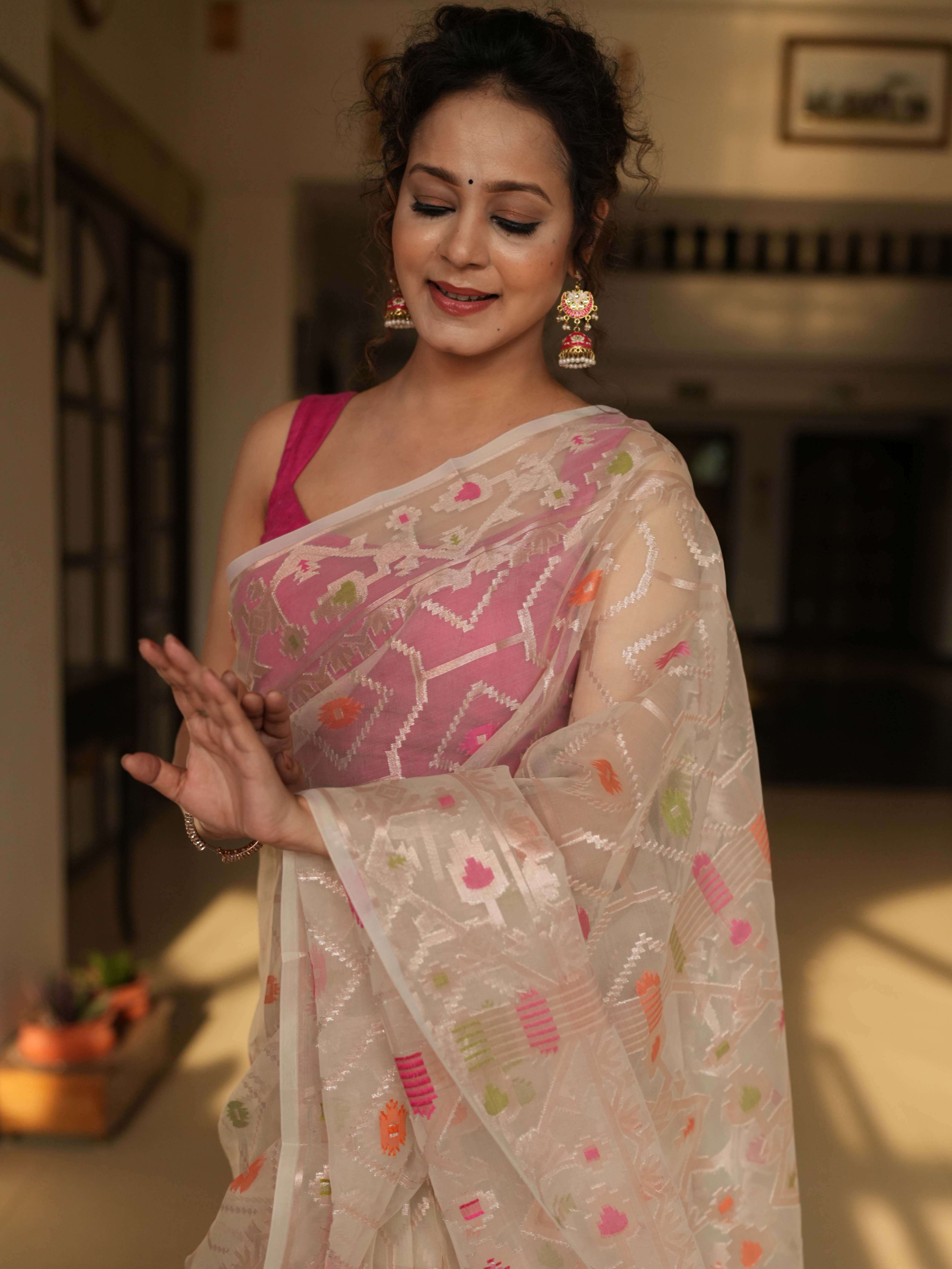 Banarasee Organza Mix Saree With Zari Design-Beige
