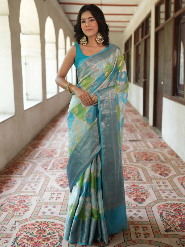 Banarasee Handwoven Cotton Silk Saree With Zari Jaal Design & Border-Blue