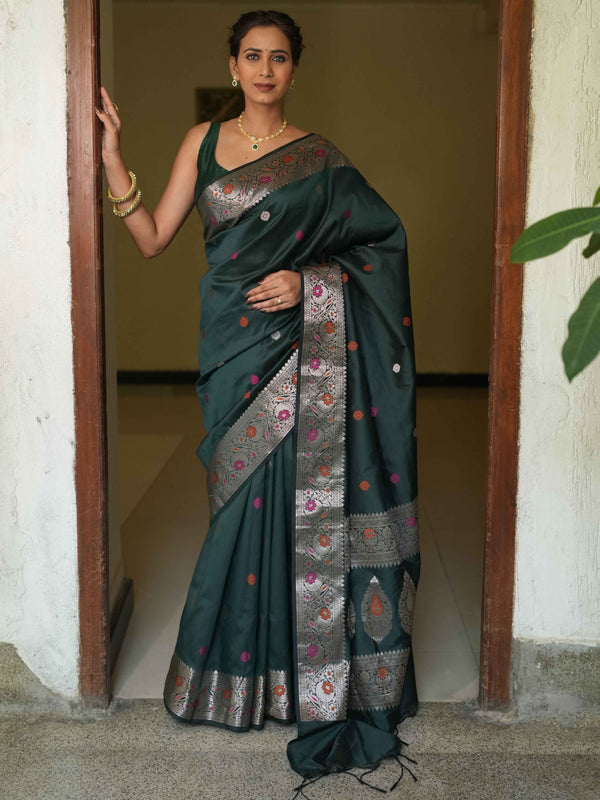 Banarasee Handwoven Semi Silk Saree With Zari Buti Design-Green
