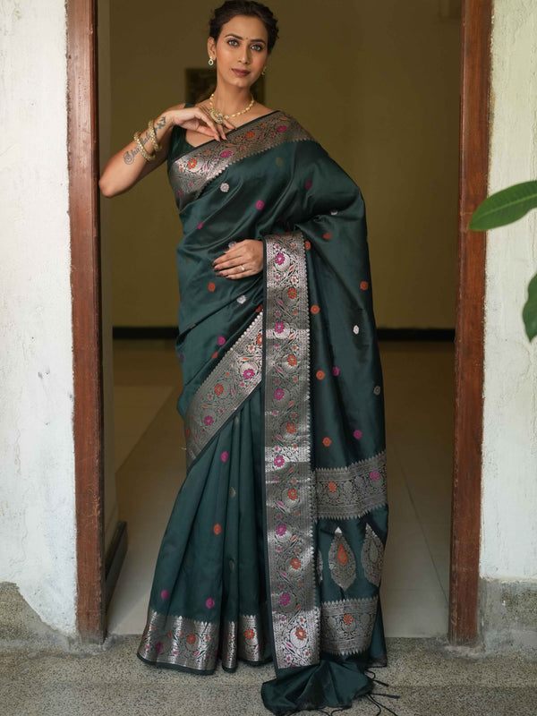 Banarasee Handwoven Semi Silk Saree With Zari Buti Design-Green