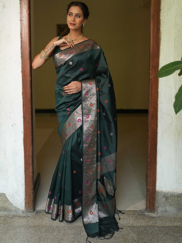 Banarasee Handwoven Semi Silk Saree With Zari Buti Design-Green