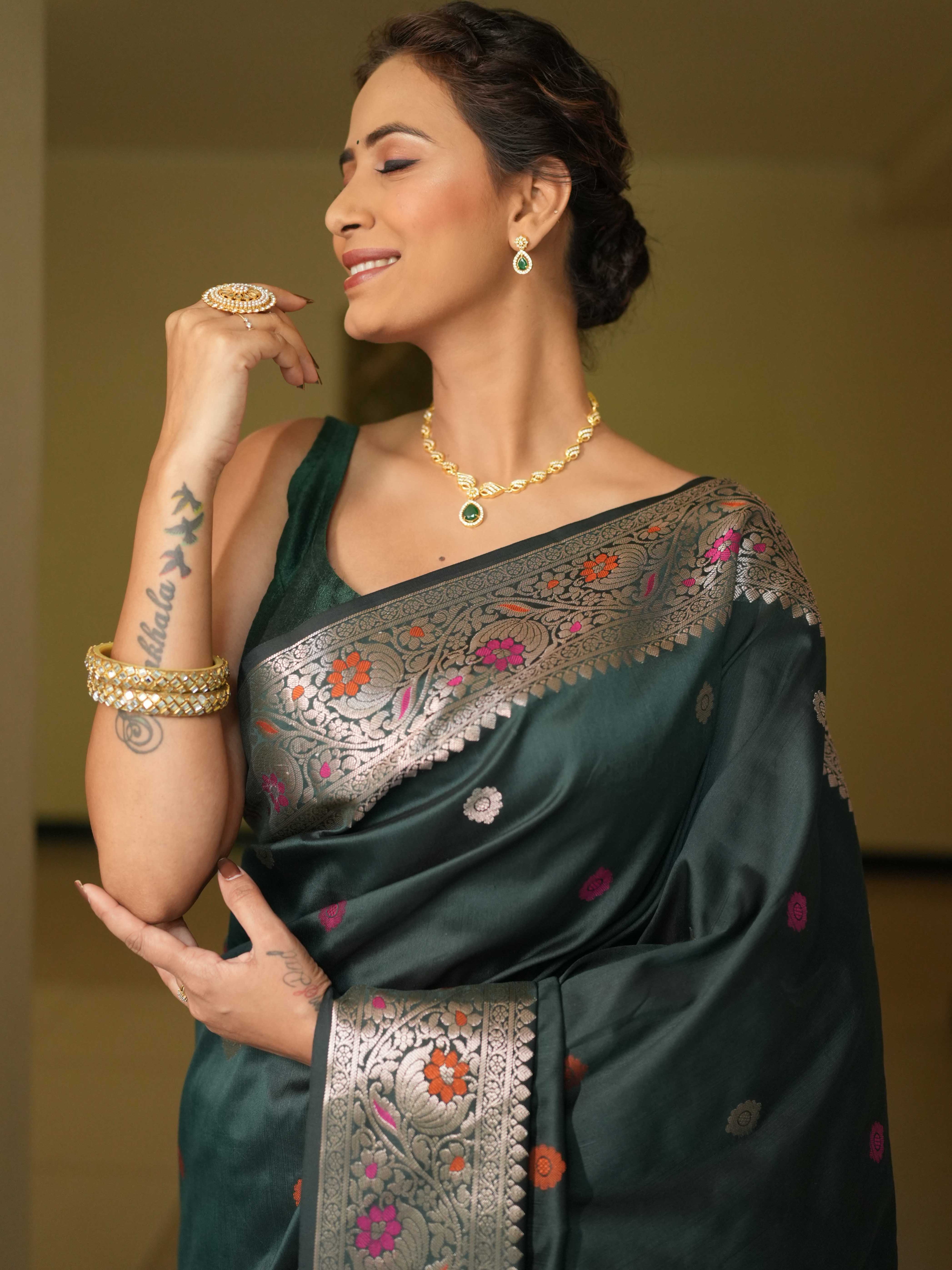 Banarasee Handwoven Semi Silk Saree With Zari Buti Design-Green