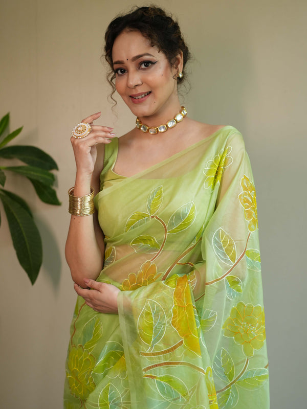Banarasee Handwoven Organza Silk Hand-Painted & Embroidered Saree-Light Green