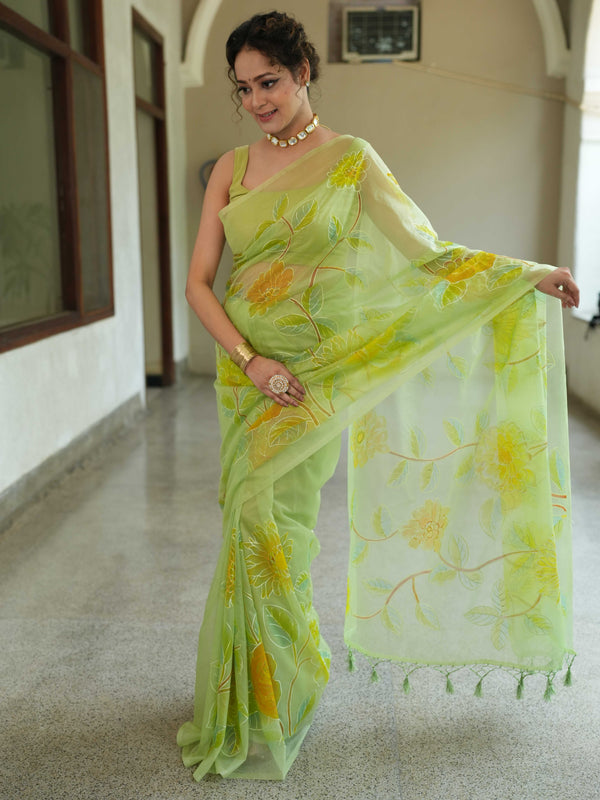 Banarasee Handwoven Organza Silk Hand-Painted & Embroidered Saree-Light Green