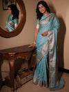 Banarasee Handwoven Semi Silk Saree With Zari Design & Lace-Light Blue