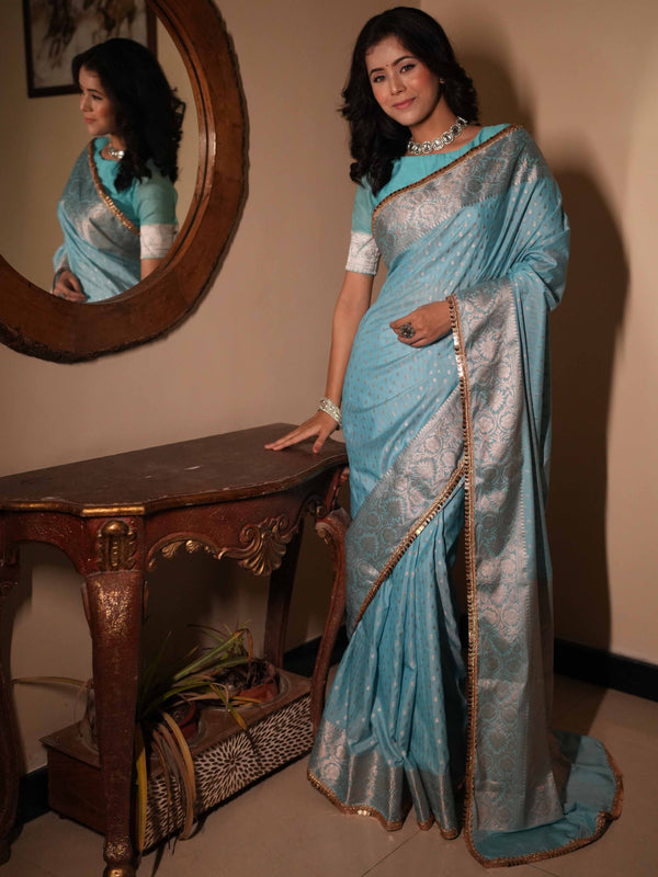 Banarasee Handwoven Semi Silk Saree With Zari Design & Lace-Light Blue