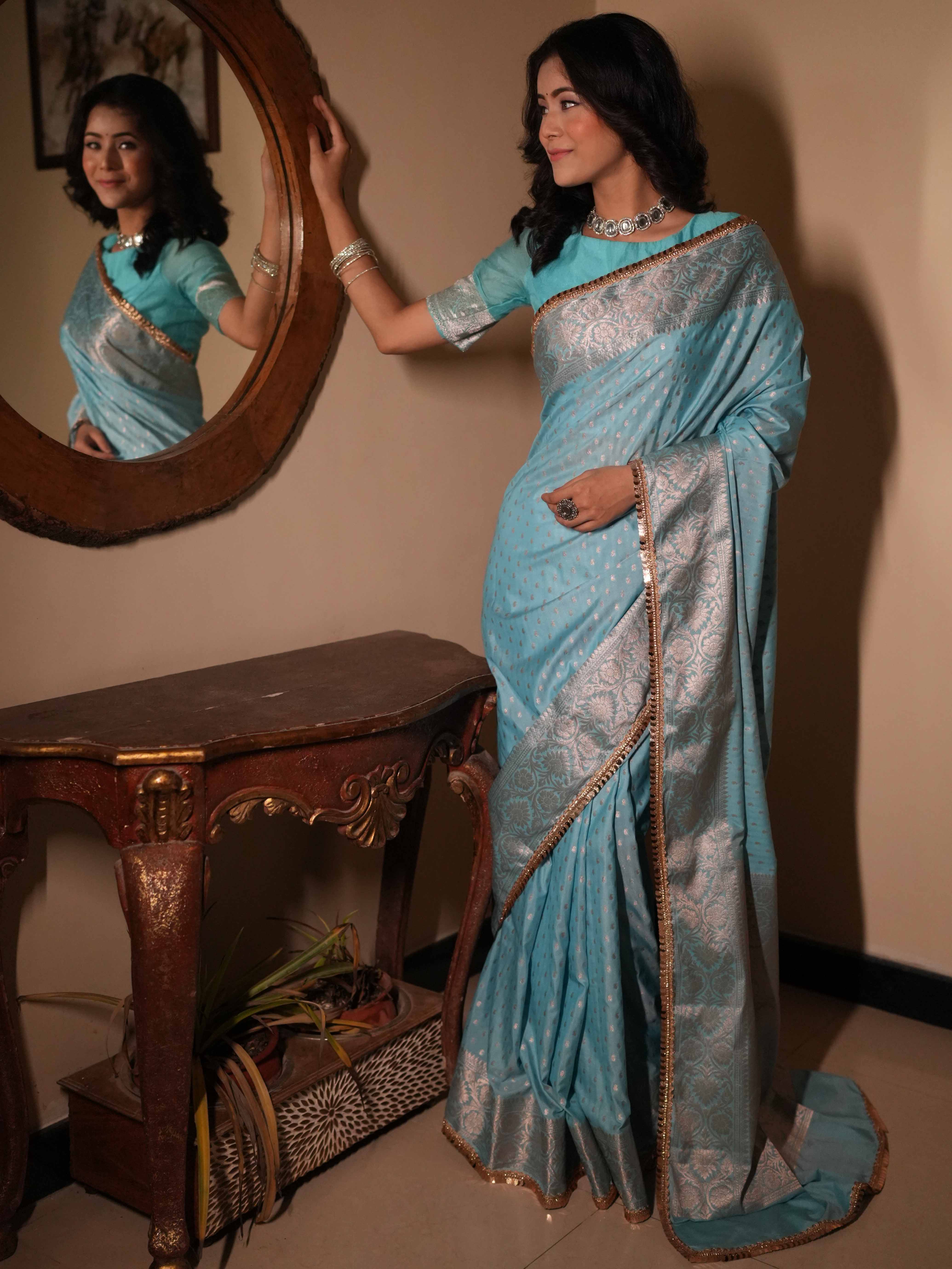 Banarasee Handwoven Semi Silk Saree With Zari Design & Lace-Light Blue