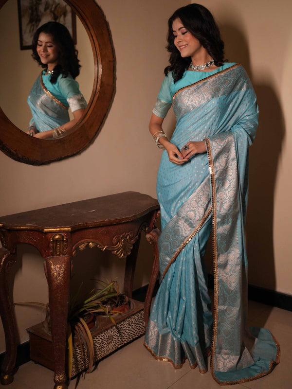 Banarasee Handwoven Semi Silk Saree With Zari Design & Lace-Light Blue