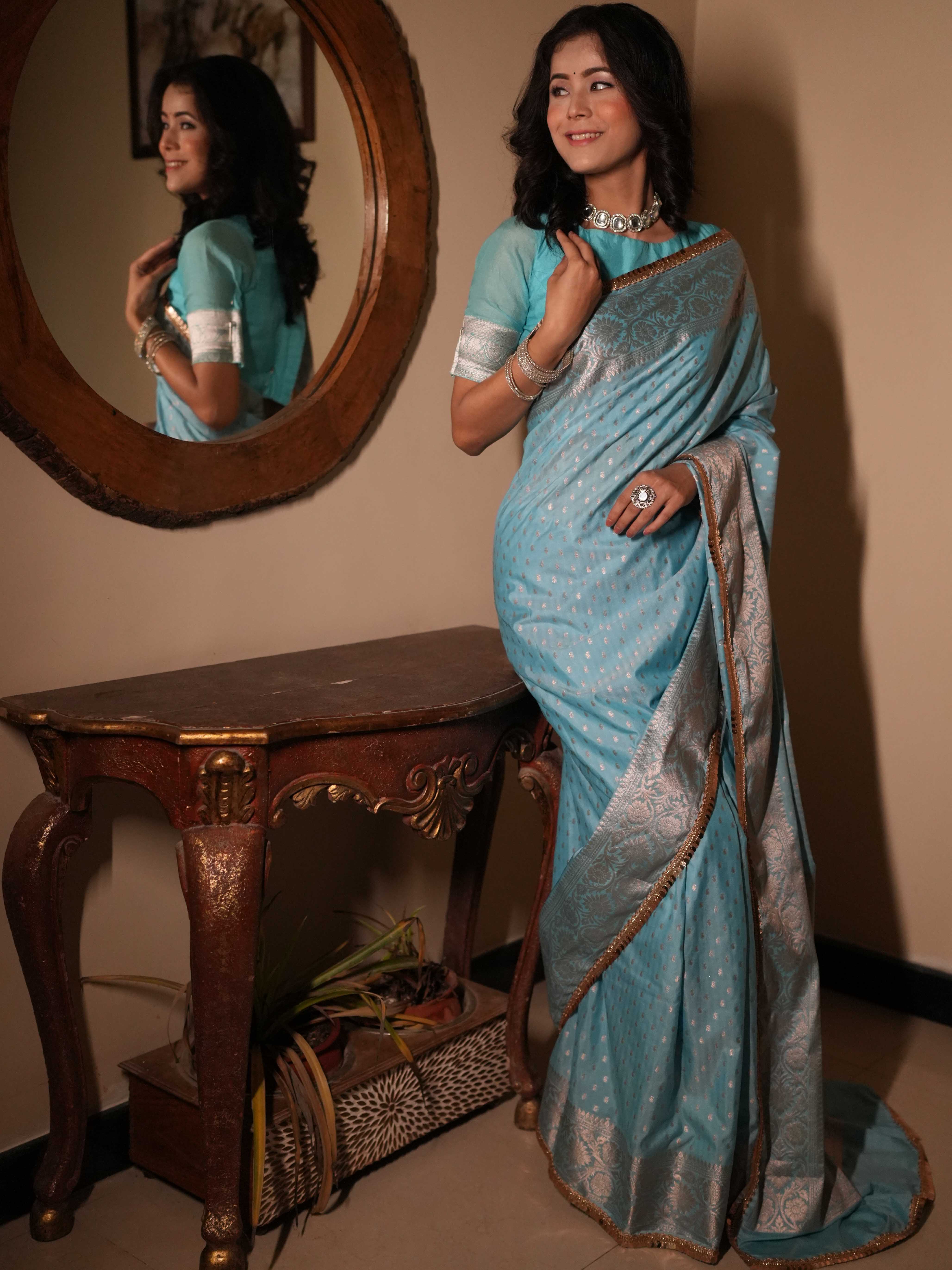 Banarasee Handwoven Semi Silk Saree With Zari Design & Lace-Light Blue