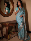 Banarasee Handwoven Semi Silk Saree With Zari Design & Lace-Light Blue
