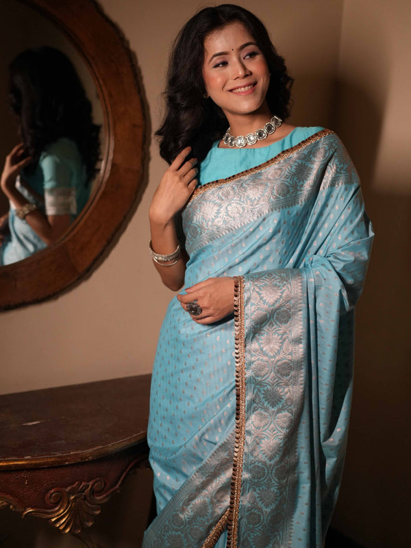 Banarasee Handwoven Semi Silk Saree With Zari Design & Lace-Light Blue