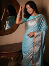 Banarasee Handwoven Semi Silk Saree With Zari Design & Lace-Light Blue