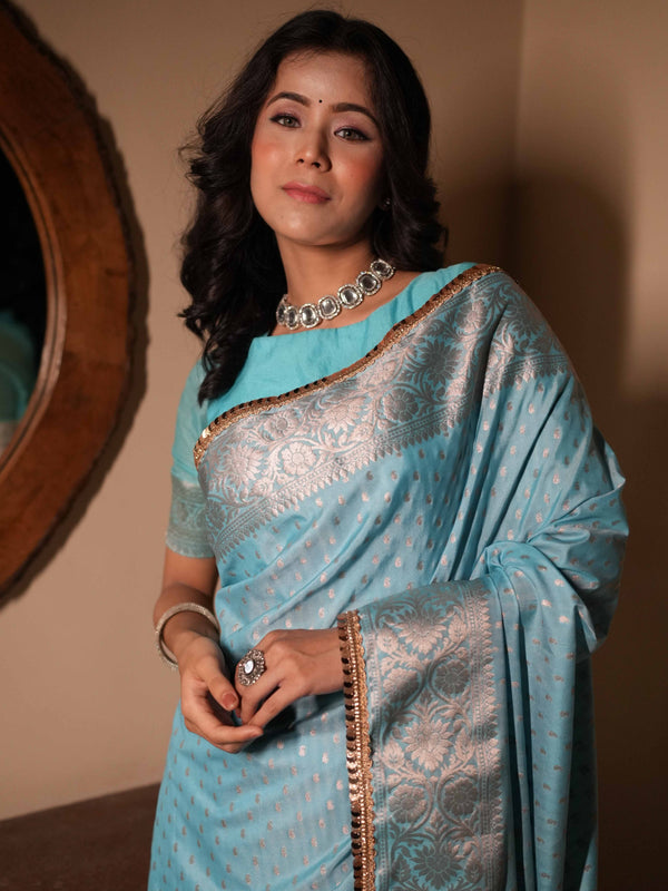 Banarasee Handwoven Semi Silk Saree With Zari Design & Lace-Light Blue