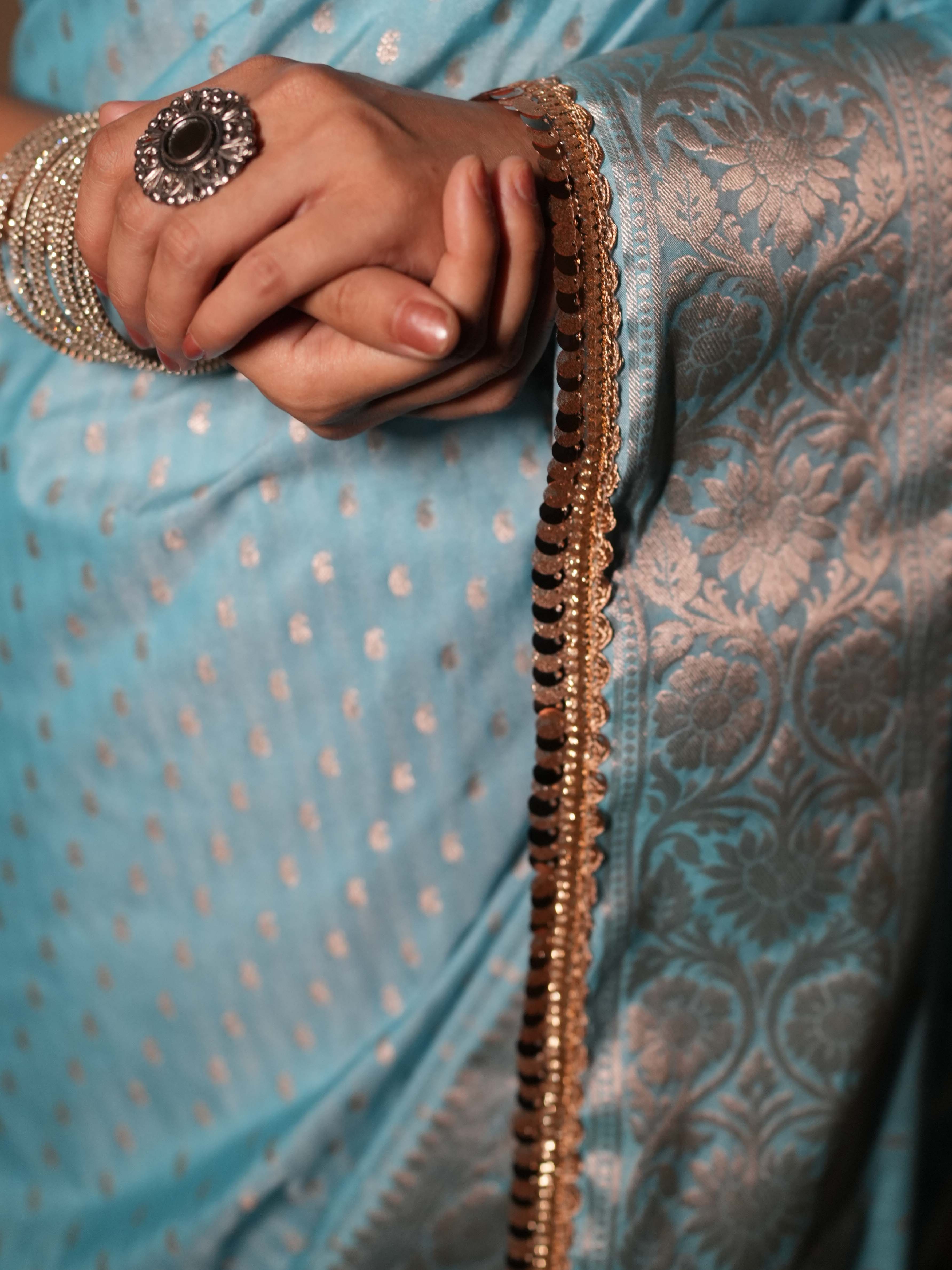 Banarasee Handwoven Semi Silk Saree With Zari Design & Lace-Light Blue