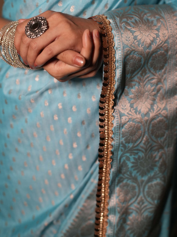 Banarasee Handwoven Semi Silk Saree With Zari Design & Lace-Light Blue