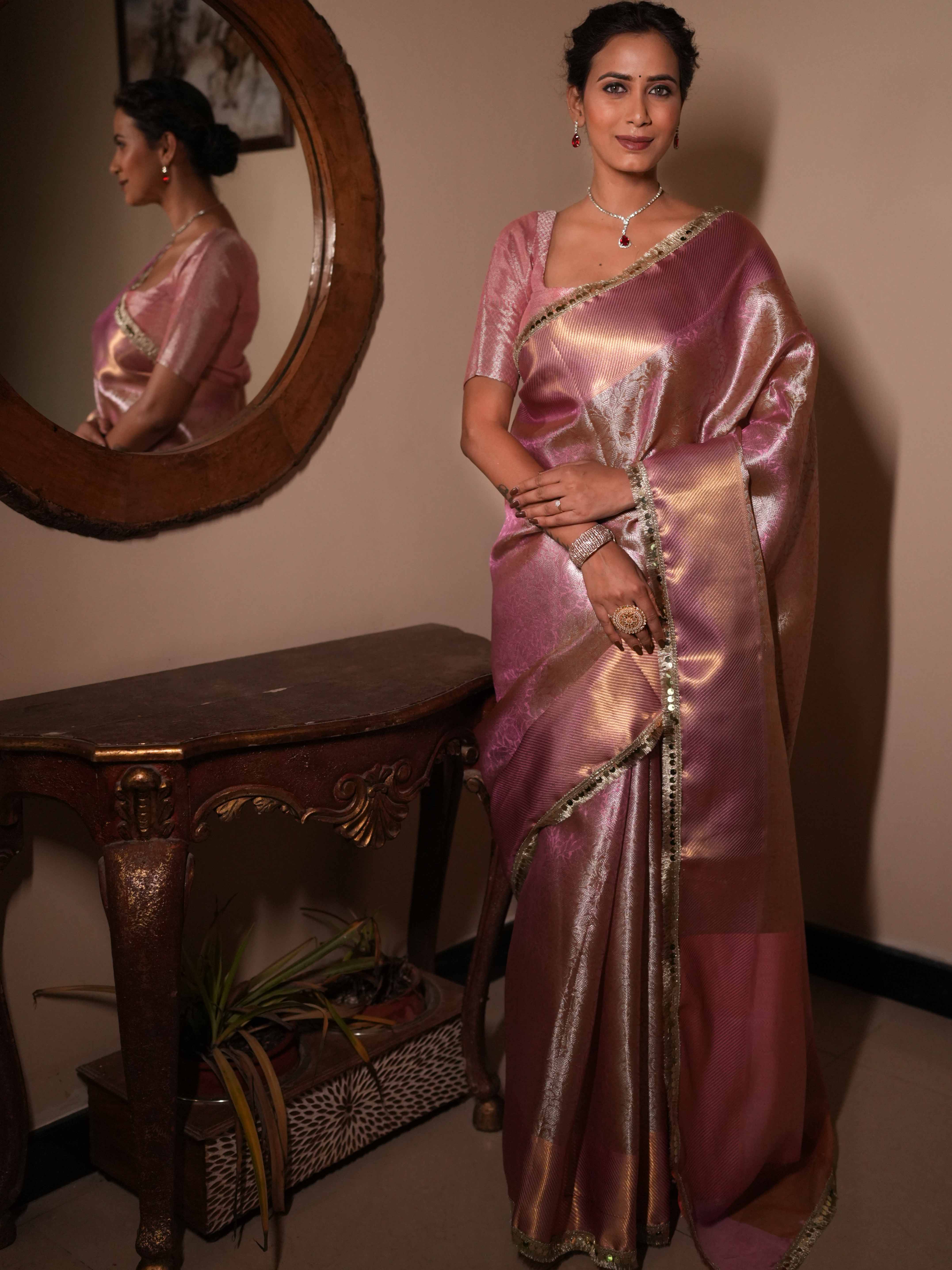 Banarasee Handwoven Tissue Saree With Zari Jaal Design & Border Lace-Pink (Dual Shade)