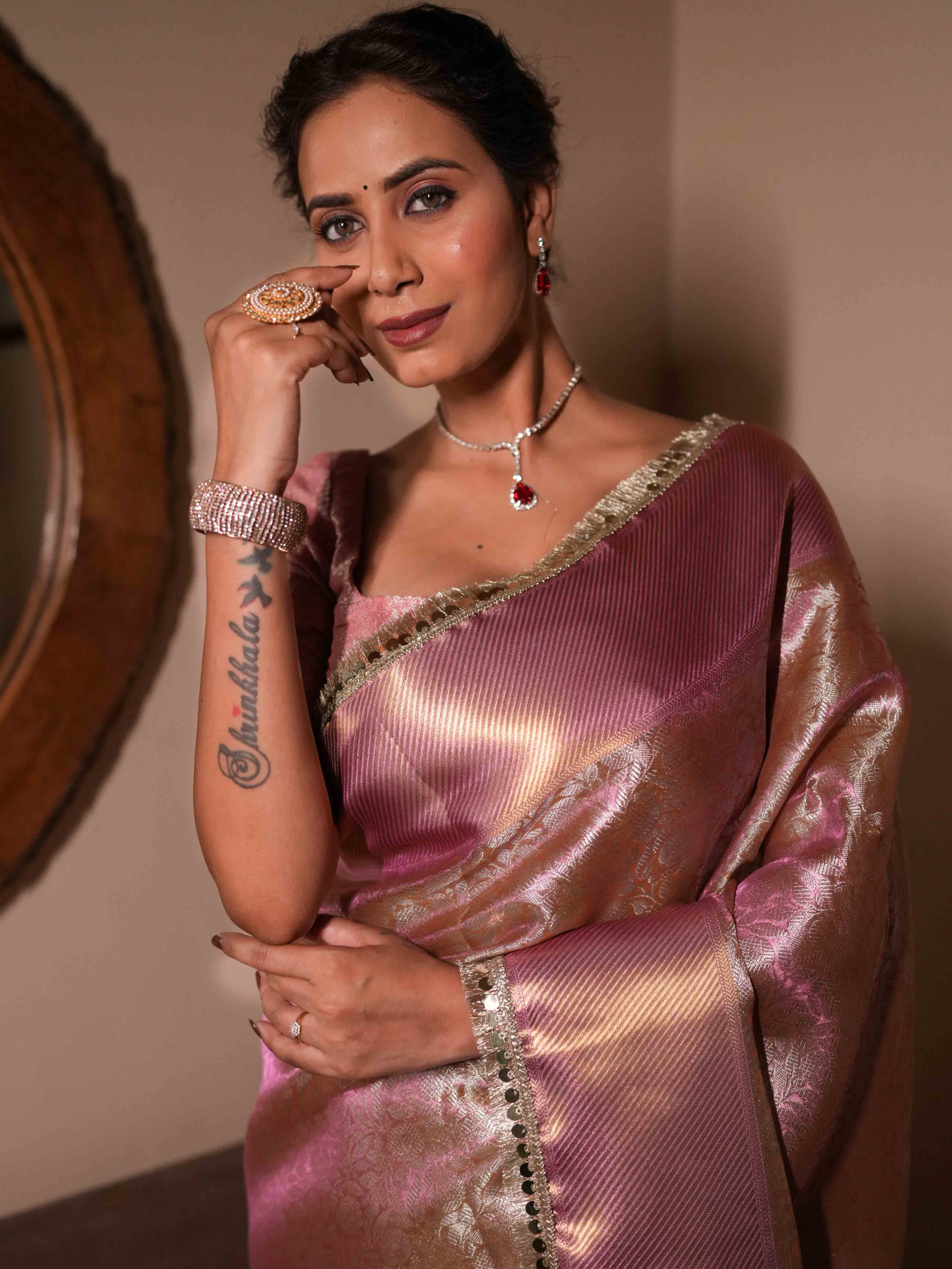 Banarasee Handwoven Tissue Saree With Zari Jaal Design & Border Lace-Pink (Dual Shade)