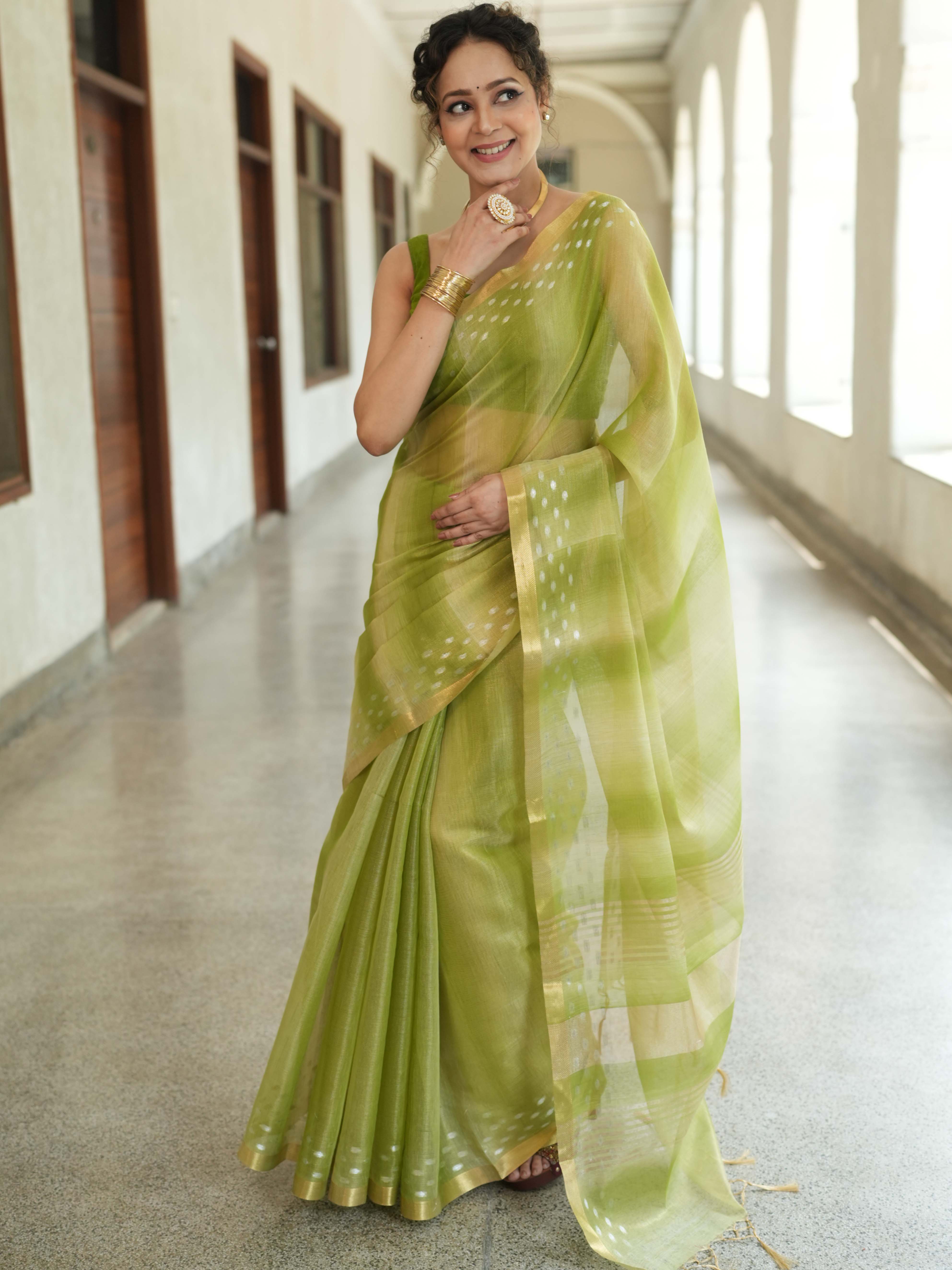 Banarasee Handwoven Shaded Tissue Saree With Gold Zari Border-Olive Green