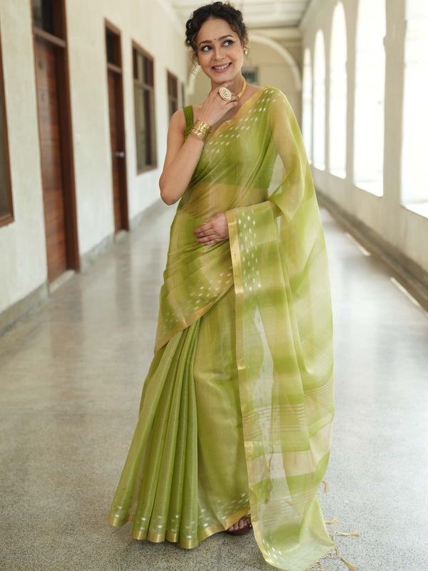 Banarasee Handwoven Shaded Tissue Saree With Gold Zari Border-Olive Green