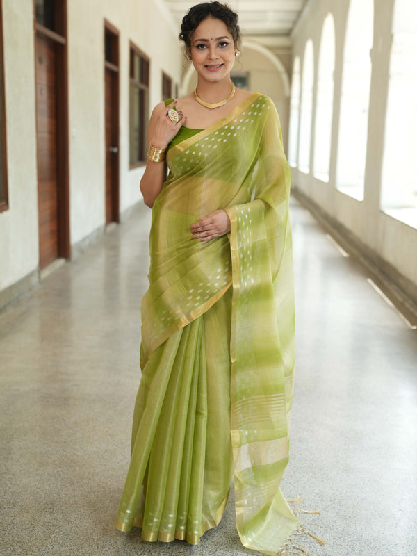 Banarasee Handwoven Shaded Tissue Saree With Gold Zari Border-Olive Green