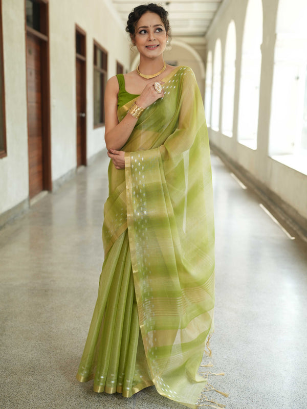 Banarasee Handwoven Shaded Tissue Saree With Gold Zari Border-Olive Green