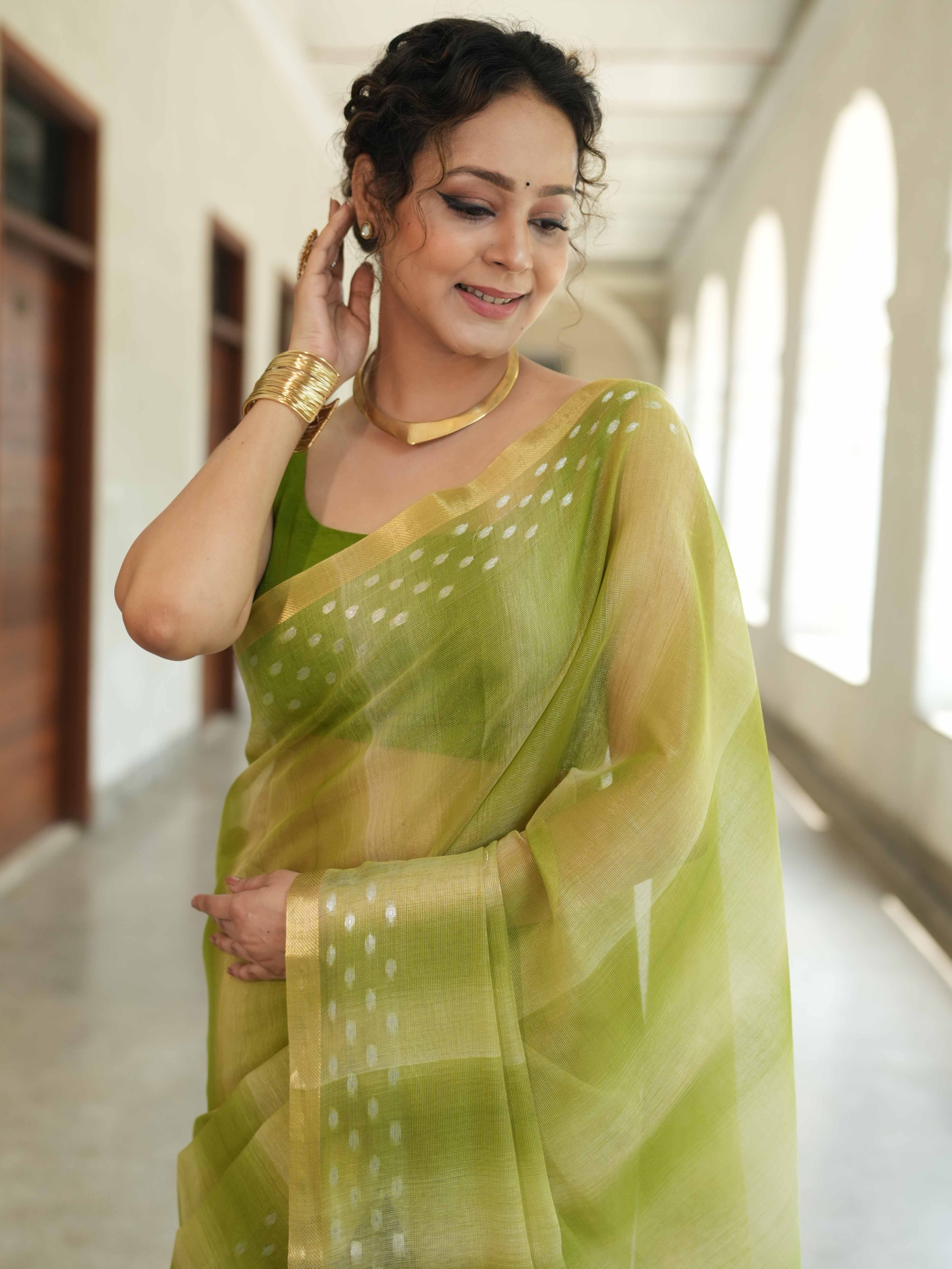 Banarasee Handwoven Shaded Tissue Saree With Gold Zari Border-Olive Green